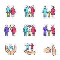 Child custody color icons set. Childcare. Family court, quarrel, parents scolding child, children protection and rights, domestic violence. Isolated vector illustrations