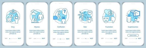 resentimientos al incorporar la plantilla de vector de pantalla de la página de la aplicación móvil. envidia, timidez, confusión, odio, frustración. paso a paso del sitio web con ilustraciones lineales. ux, concepto de interfaz de teléfono inteligente ui
