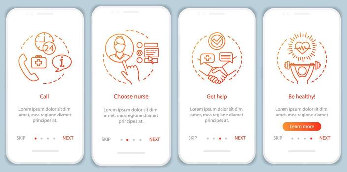 Living assistance onboarding mobile app page vector template. Home care service walkthrough website steps. Choosing practical caregiver, carer, nurse. In-home support. UX, UI, GUI smartphone interface