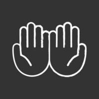 Cupped hands chalk icon. Palms up together emoji. Begging gesturing. Islam praying hands. Isolated vector chalkboard illustration