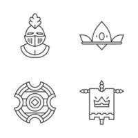 Meddieval linear icons set. Helmet, royal crown, battle shield, king flag. Thin line contour symbols. Isolated vector outline illustrations. Editable stroke..