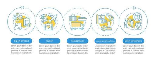 plantilla de infografía de vector de negocios internacionales. exportación, importación, turismo. elementos de diseño de presentación de negocios. visualización de datos con pasos y opciones. gráfico de línea de tiempo del proceso. diseño de flujo de trabajo