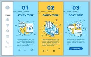 Time management onboarding mobile web pages vector template. Responsive smartphone website interface idea with linear illustrations. Party, study time webpage walkthrough steps. Daily student schedule