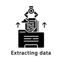 Extracting data glyph icon. Robot retrieving electronic file from folder. RPA. Using cloud service. Robotic process automation. Silhouette symbol. Negative space. Vector isolated illustration