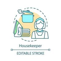 Housekeeper concept icon. Cleaning agency staff idea thin line illustration. Ironing and cooking. Domestic worker. Home maintenance. Maid service. Vector isolated outline drawing. Editable stroke