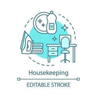 Housekeeping concept icon. House service idea thin line illustration. Ironing. Home and computer storage systems maintenance. Mirrors wiping. Vector isolated outline drawing. Editable stroke