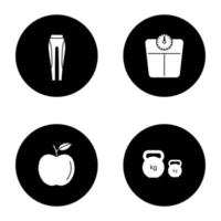 Fitness glyph icons set. Sport equipment. Leggings, bathroom scales, apple, kettlebells. Vector white silhouettes illustrations in black circles