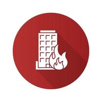 Burning building flat design long shadow glyph icon. House on fire. Vector silhouette illustration