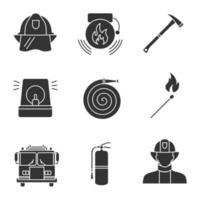 Firefighting glyph icons set. Hard hat, alarm bell, fireman siren, burning matchstick, axe, hose, fire engine, extinguisher, firefighter. Silhouette symbols. Vector isolated illustration