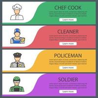 Professions web banner templates set. Chef cook, cleaner, policeman, soldier. Website color menu items. Vector headers design concepts