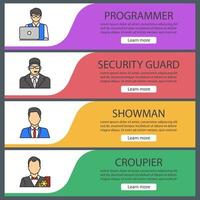 Professions web banner templates set. Programmer, security guard, showman, croupier. Website color menu items. Vector headers design concepts