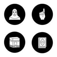 Islamic culture glyph icons set. Muslim woman, god gesture, kaaba, quran book. Vector white silhouettes illustrations in black circles
