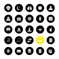 Islamic culture glyph icons set. Muslim attributes. Religion symbolism. Vector white silhouettes illustrations in black circles