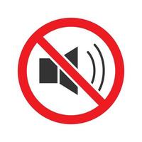 Forbidden sign with loudspeaker glyph icon. Stop silhouette symbol. No loud music prohibition. Negative space. Vector isolated illustration