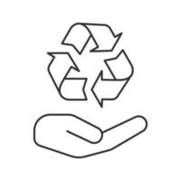 Open hand with recycling sign linear icon. Pollution prevention. Thin line illustration. Waste recycling. Contour symbol. Vector isolated outline drawing