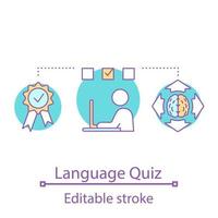 Online language test concept icon. Language proficiency. Learn and play idea thin line illustration. Quiz game. Brainstorming. Vector isolated outline drawing. Editable stroke