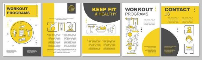 Workout program brochure template. Fitness center. Flyer, booklet, leaflet print design. Gym membership. Physical exercises and dieting. Vector page layouts for magazines, reports, advertising posters