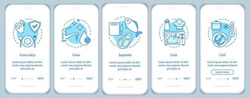 plantilla de pantalla de página de aplicación móvil de incorporación de seguridad alimentaria e higiene. procesamiento, manipulación, almacenamiento de alimentos. limpiar, separar, cocinar, enfriar. paso a paso del sitio web. ux, ui, concepto de interfaz de teléfono inteligente gui vector