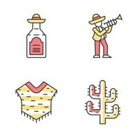 conjunto de iconos de color de la cultura mexicana. bebida nacional, música, ropa, planta. tequila, músico con trompeta, poncho, cacto saguaro. ilustraciones de vectores aislados