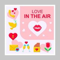 Love in the air social media posts mockup. Love and dating. Advertising web banner design template. Social media booster, content layout. Isolated promotion border, frame with headlines, flat icons vector