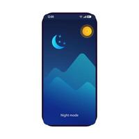 Night mode app smartphone interface vector template. Mobile page black design layout. Screen light settings. Flat UI for application. Battery saver, optimizer. Switch to day mode. Phone display