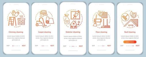 Additional cleaning services onboarding mobile app page screen, linear concepts. Chimney, exterior cleanup. Five, walkthrough steps graphic instructions. UX, UI, GUI vector template with illustrations