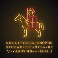 Horse knight with flag neon light icon. Medieval soldier horseback with standard and lance. Warrior in full armor. Glowing sign with alphabet, numbers and symbols. Vector isolated illustration