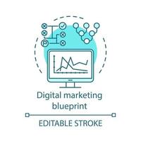 Digital marketing blueprint concept icon. SEO strategy idea thin line illustration. Content management. Marketing analytics. Monitoring, ranking. Vector isolated outline drawing. Editable stroke