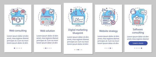 plantilla de vector de pantalla de página de aplicación móvil de incorporación de consultoría web. marketing digital, estrategia de sitio web. paso a paso del sitio web con ilustraciones lineales. ux, ui, concepto de interfaz de teléfono inteligente gui