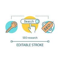 SEO search concept icon. Global search optimization idea thin line illustration. Keyword request. Website ranking. Internet surfing. Web browser, tags. Vector isolated outline drawing. Editable stroke
