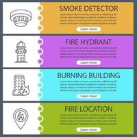 conjunto de plantillas de banner web de extinción de incendios. detector de humo, hidrante, edificio en llamas, ubicación del incendio. elementos del menú de color del sitio web con iconos lineales. conceptos de diseño de encabezados vectoriales vector