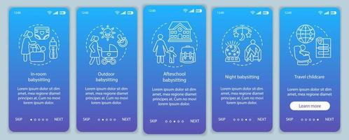 Babysitting service types onboarding mobile app page screen vector template. Childcare. Hotel babysitter, nanny. Walkthrough website steps with linear illustrations. UX, UI, GUI smartphone interface