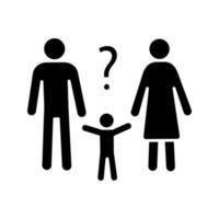 Child custody evaluation glyph icon. Silhouette symbol. Parents solving problems. Confused family. Child asking why. Troubled and worrying couple. Negative space. Vector isolated illustration