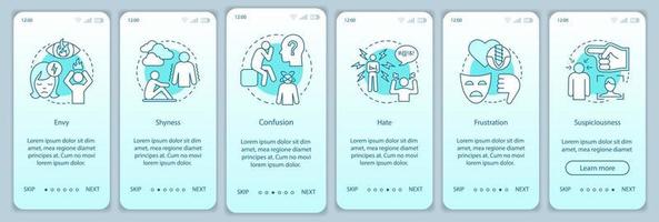 Hard feelings onboarding mobile app page screen vector template. Envy, shyness, confusion, hate, frustration. Walkthrough website steps with linear illustrations. UX, UI smartphone interface concept