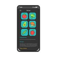 Discover recipes smartphone interface vector template. Mobile app page black design layout. Cooking instructions, food ingredients screen. Flat UI for application. Grocery list ..on phone display ..