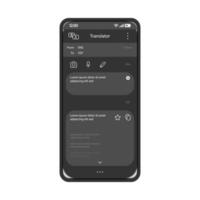 Online translator smartphone app interface vector template. Mobile application page black design layout. Multi language translation screen. Flat UI. Phone display