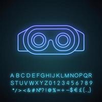 VR headset inside view neon light icon. Virtual reality mask set. 3D VR glasses, goggles. Glowing sign with alphabet, numbers and symbols. Vector isolated illustration