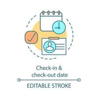 Departure and arrival date concept icon. Travel scheduling, calendar. Appointment planning. Key card. Hotel booking idea thin line illustration. Vector isolated outline drawing. Editable stroke