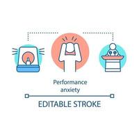 Public speaking anxiety concept icon. Stage fright. Performance anxiety, fear. Nervous tension, worrying, panic attack. Idea thin line illustration. Vector isolated outline drawing. Editable stroke