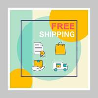 Free shipping social media posts mockup. Parcel delivery. Advertising web banner design template. Social media booster, content layout. Isolated promotion border, frame with headlines, linear icons vector