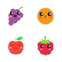 frutas lindos personajes vectoriales kawaii. bayas con cara sonriente. manzana y naranja avergonzados. uvas felices y frambuesa. emoji divertido, emoticono, sonrisa. ilustración de color de dibujos animados aislados vector