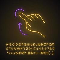 Flick up gesture neon light icon. Touchscreen gesturing. Human hand and fingers. Tap, point, click. Using sensory devices. Glowing sign with alphabet, numbers and symbols. Vector isolated illustration