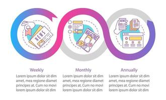 Newspaper, magazine subscription vector infographic template. Weekly, monthly tariff plans. Data visualization with three steps and options. Process timeline chart. Workflow layout with icons