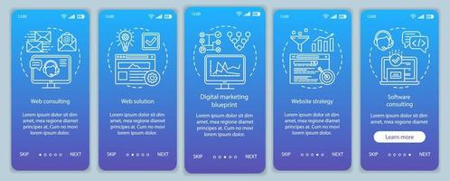 Web consulting onboarding mobile app page screen vector template. Digital marketing, website strategy. Walkthrough website steps with linear illustrations. UX, UI, GUI smartphone interface concept