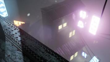 luzes de neon em foco suave na rua com neblina à noite video