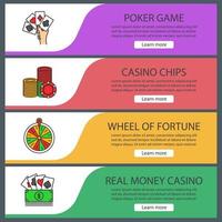 Casino web banner templates set. Poker, casino chips, wheel of fortune, real money game. Website color menu items. Vector headers design concepts