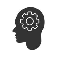 Human head with cogwheel inside glyph icon. Artificial intelligence. Silhouette symbol. Robot. Negative space. Vector isolated illustration