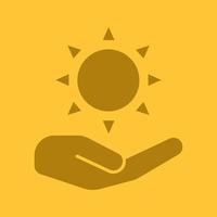 Open hand with sun glyph color icon. Using solar energy. Silhouette symbol. Nature care. Negative space. Vector isolated illustration