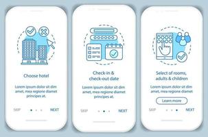 Hotel choosing onboarding mobile app page screen vector template. Booking accommodation, apartment. Select room and date. Walkthrough website steps with icons. UX, UI, GUI smartphone interface concept