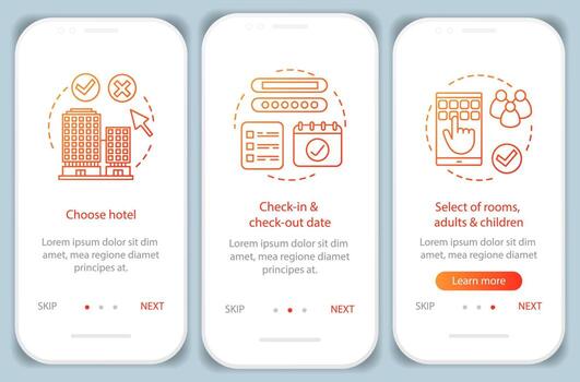 Hotel booking onboarding app screen vector template. Choosing accommodation, apartment. Hostel, motel. Select room and make reservation. Walkthrough website steps. UX, UI, GUI smartphone interface